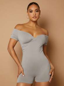 SHEIN BAE 一字肩彈力緊身連體短褲 - 淺灰色 - 查看 5