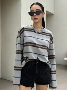 DAZY Striped Print Drop Shoulder Tee Long Sleeve Women Tops