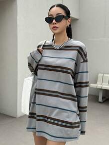 DAZY Striped Print Drop Shoulder Tee Long Sleeve Women Tops