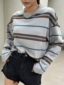DAZY Striped Print Drop Shoulder Tee Long Sleeve Women Tops