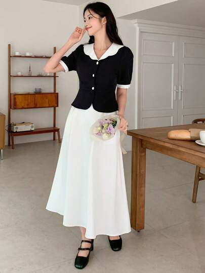 DAZY 拼接領泡泡袖襯衫&半身裙