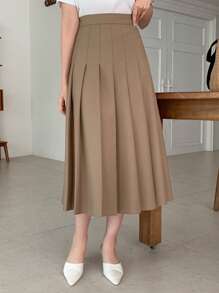 DAZY Váy xếp ly trơn màu, thanh lịch, thường ngày dành cho nữ. - màu nâu - Xem 3