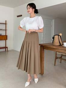 DAZY Váy xếp ly trơn màu, thanh lịch, thường ngày dành cho nữ. - màu nâu - Xem 5