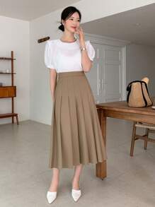 DAZY Váy xếp ly trơn màu, thanh lịch, thường ngày dành cho nữ. - màu nâu - Xem 6