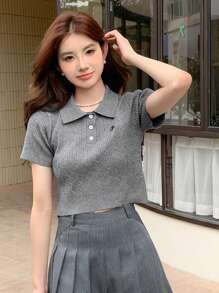 DAZY Polo領丘比特刺繡針織上衣 - 灰色 - 查看 3