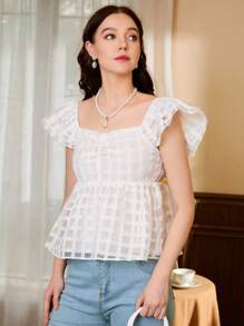 Aveloria Sweetheart Neck Ruffle Trim Ruched Peplum Blouse - White - View 1
