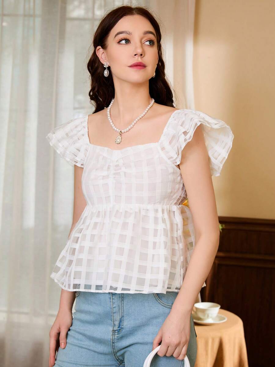 Aveloria Sweetheart Neck Ruffle Trim Ruched Peplum Blouse - White - View 1