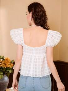 Aveloria Sweetheart Neck Ruffle Trim Ruched Peplum Blouse - White - View 3