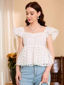 Aveloria Sweetheart Neck Ruffle Trim Ruched Peplum Blouse - White - View 6