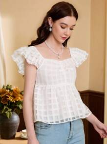 Aveloria Sweetheart Neck Ruffle Trim Ruched Peplum Blouse - White - View 7