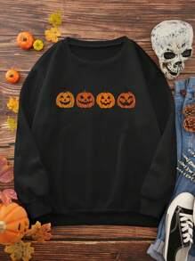SHEIN EZwear Sudadera Halloween estampado de calabaza con forro térmico - Negro - Ver 1