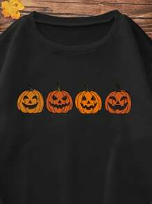 SHEIN EZwear Sudadera Halloween estampado de calabaza con forro térmico - Negro - Ver 4