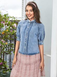 SHEIN Frenchy Button Front Puff Sleeve Denim Jacket - Medium Wash - View 1