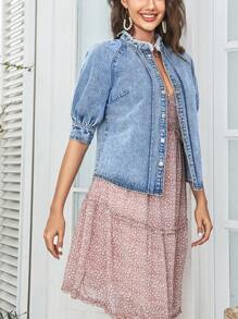 SHEIN Frenchy Button Front Puff Sleeve Denim Jacket - Medium Wash - View 3