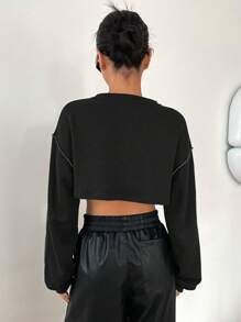 DAZY Top-stitching Drop Shoulder Crop Sweatshirt - Black - View 2