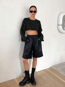 DAZY Top-stitching Drop Shoulder Crop Sweatshirt - Black - View 3