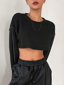 DAZY Top-stitching Drop Shoulder Crop Sweatshirt - Black - View 4