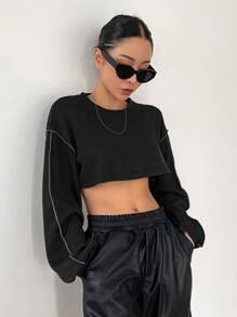 DAZY Top-stitching Drop Shoulder Crop Sweatshirt - Black - View 5