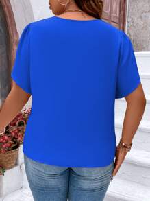 SHEIN LUNE 大碼花瓣袖半拉鏈襯衫 - 寶藍色 - 查看 2