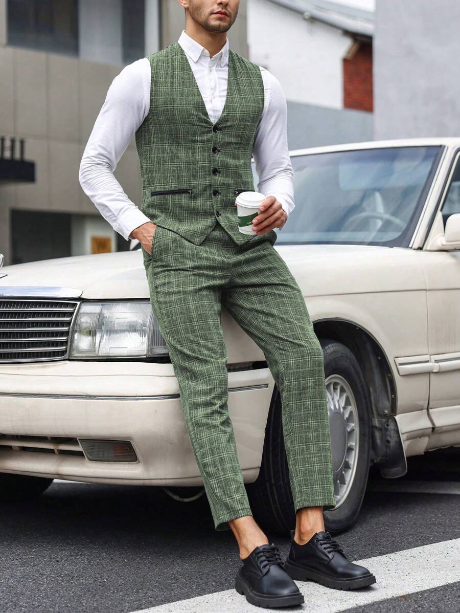 Manfinity Mode Men Plaid Print Waistcoat & Suit Pants Without Shirt - Green - View 1