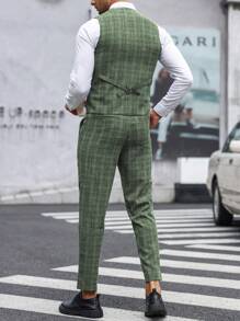 Manfinity Mode Men Plaid Print Waistcoat & Suit Pants Without Shirt - Green - View 2