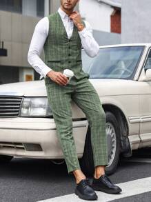 Manfinity Mode Men Plaid Print Waistcoat & Suit Pants Without Shirt - Green - View 3
