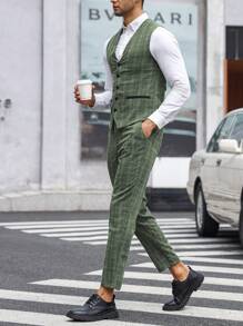 Manfinity Mode Men Plaid Print Waistcoat & Suit Pants Without Shirt - Green - View 4
