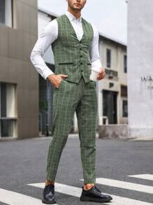 Manfinity Mode Men Plaid Print Waistcoat & Suit Pants Without Shirt - Green - View 5