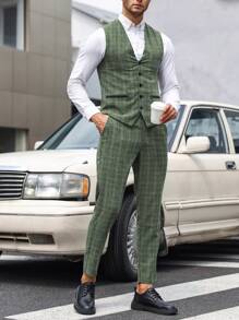 Manfinity Mode Men Plaid Print Waistcoat & Suit Pants Without Shirt - Green - View 6