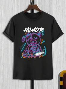 Manfinity Homme 男士熊和字母圖案T恤 - 黑色 - 查看 1