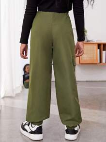SHEIN 女大童翻蓋口袋工裝褲 - 軍綠色 - 查看 2