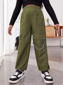SHEIN 女大童翻蓋口袋工裝褲 - 軍綠色 - 查看 3