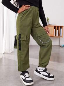 SHEIN 女大童翻蓋口袋工裝褲 - 軍綠色 - 查看 4