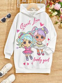 SHEIN Tween Girl Cartoon & Letter Graphic Drop Shoulder Sweatshirt Dress - White - View 1