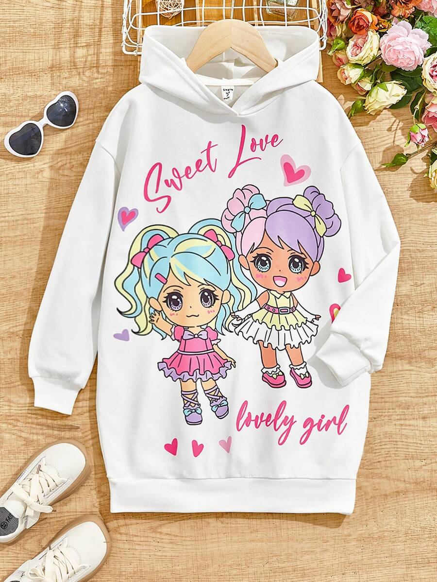 SHEIN Tween Girl Cartoon & Letter Graphic Drop Shoulder Sweatshirt Dress - White - View 1