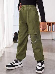 SHEIN 女大童翻蓋口袋工裝褲 - 軍綠色 - 查看 6