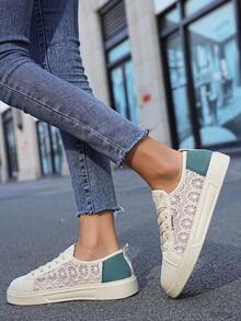 Women's Fine Quality Fashionable Breathable Hollow Lace Casual Shoes, Comfortable Lightweight Sneakers, Flat Shoes - Beige - View 6