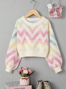 SHEIN Tween Girl Chevron Pattern Lantern Sleeve Crop Sweater - Multicolor - View 1