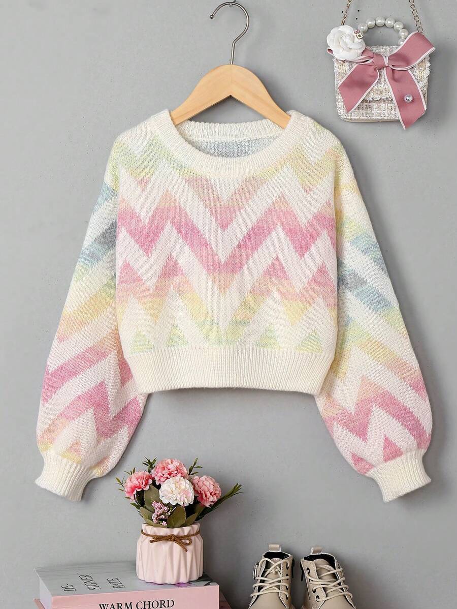 SHEIN Tween Girl Chevron Pattern Lantern Sleeve Crop Sweater - Multicolor - View 1
