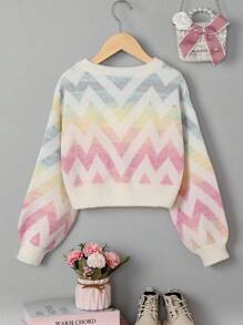 SHEIN Tween Girl Chevron Pattern Lantern Sleeve Crop Sweater - Multicolor - View 2