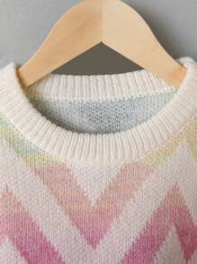 SHEIN Tween Girl Chevron Pattern Lantern Sleeve Crop Sweater - Multicolor - View 3