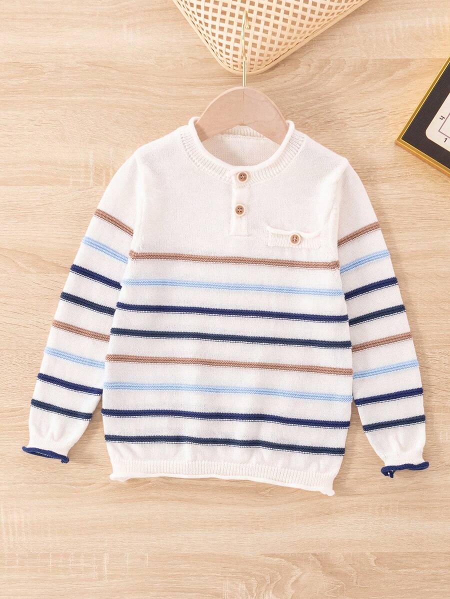 SHEIN 年輕男孩條紋圖案紐扣細節套頭毛衣 - 彩色 - 查看 1