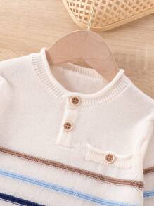 SHEIN 年輕男孩條紋圖案紐扣細節套頭毛衣 - 彩色 - 查看 3