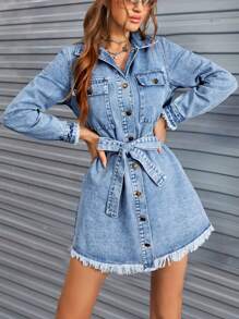 SHEIN Essnce 翻蓋口袋毛邊腰帶牛仔洋裝 - 淺色水洗藍 - 查看 4