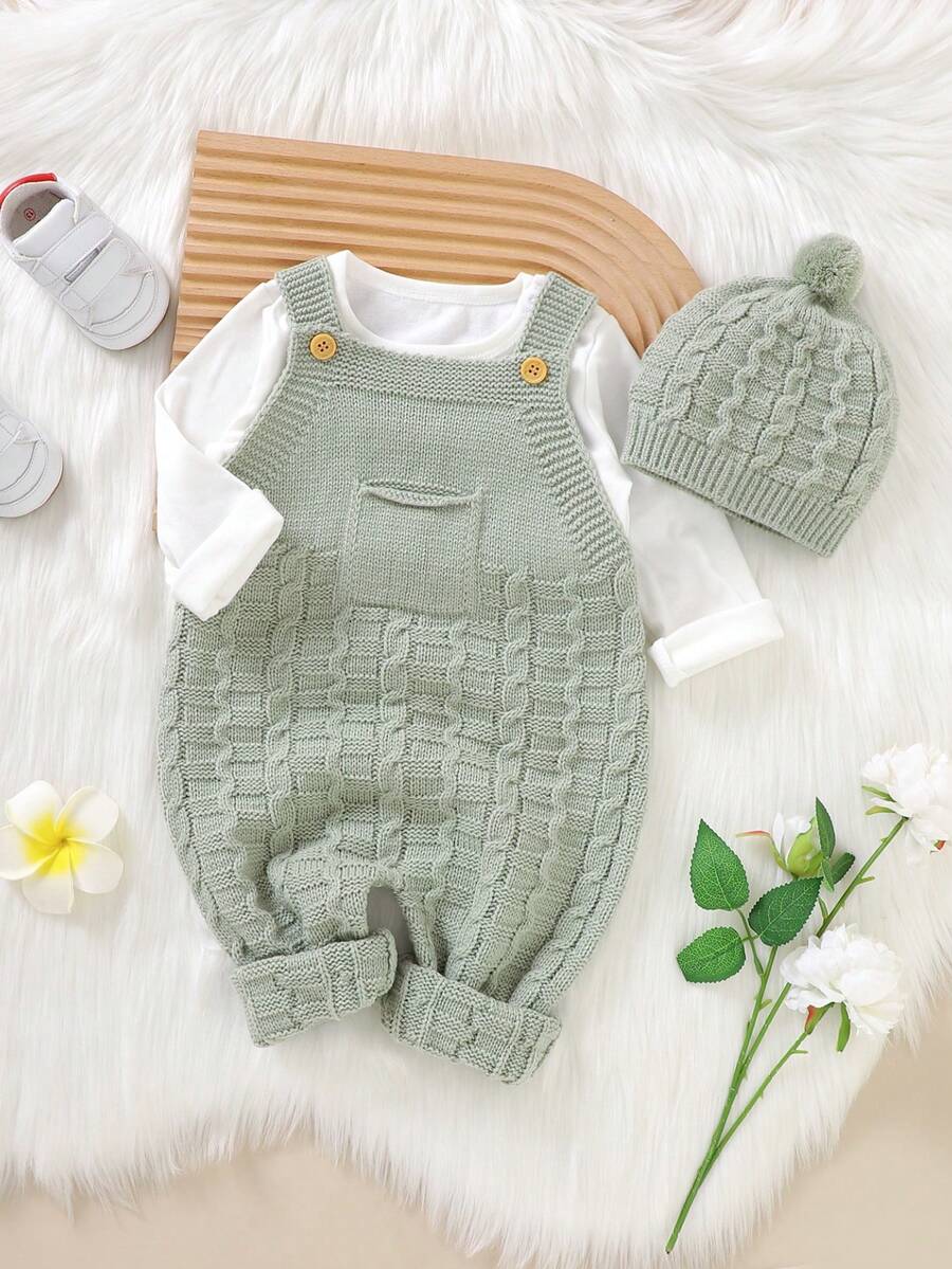 Baby Girl Solid Button Detail Knit Jumpsuit & Hat Without Tee for Sale