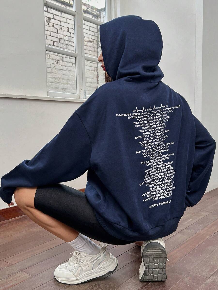 SHEIN EZwear 標語圖案落肩袖連帽衫