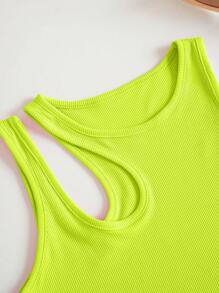 INAWLY Top De Punto Acanalado Con Hombros Descubiertos En Verde Neón Para El Verano - Verde - Ver 5