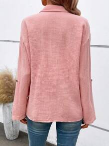 捲邊袖前紐扣襯衫 - 粉色 - 查看 2