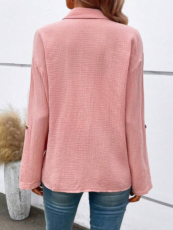 Roll Tab Sleeve Button Front Shirt SHEIN USA