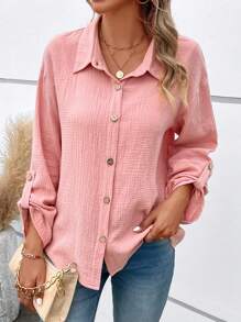 捲邊袖前紐扣襯衫 - 粉色 - 查看 3